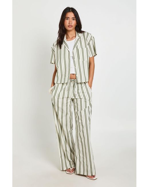 Boohoo White Premium Linen Stripe Wide Leg Trousers