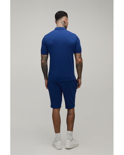 BoohooMAN Blue Tall Slim Fit Waffle Zip Neck Polo & Shorts Set for men