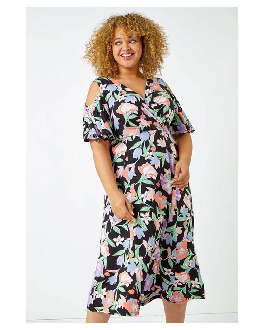 Roman Curve Black Cold Shoulder Floral Wrap Dress