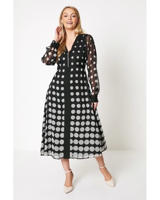 Wallis White Zip Front Spot Border Midi Dress