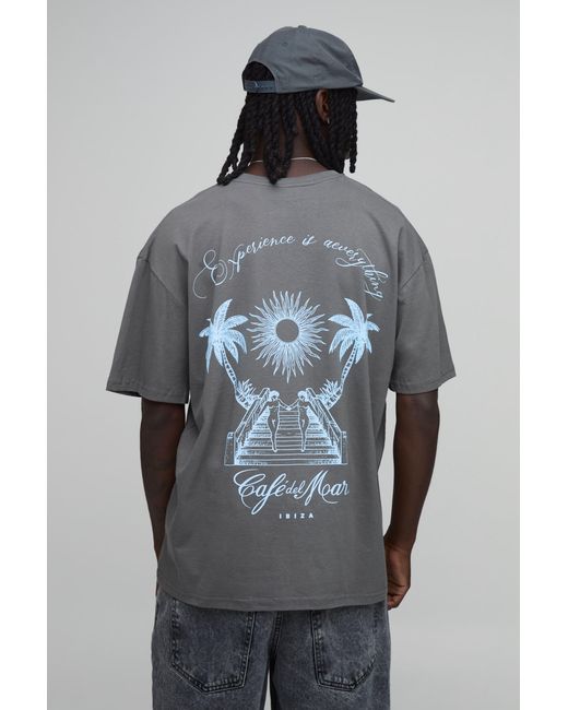 BoohooMAN Gray Oversized Cafe Del Mar Palm License Print T-Shirt for men