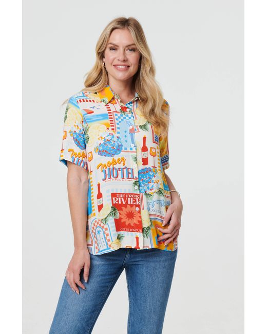 Izabel London Printed Short Sleeve Curve Hem Shirt in White Lyst UK