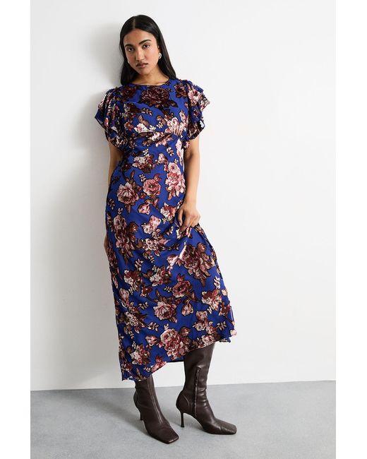 Warehouse Blue Devore Ruffle Sleeve Maxi Dress