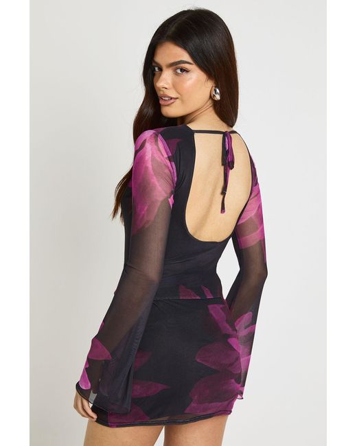 Boohoo Black Floral Printed Mesh Flare Sleeve Scoop Back Top