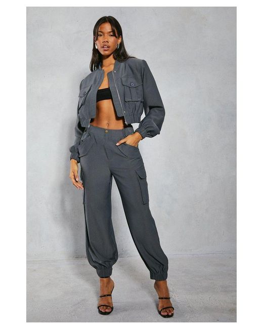 MissPap Gray Tailored Multi Pocket Cargo Cuffed Trousers