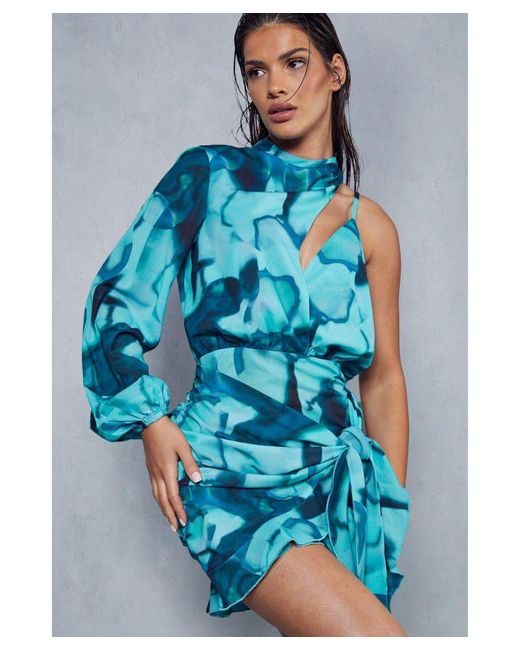 MissPap Blue Abstract Print Frill Asymmetric Wrap Dress