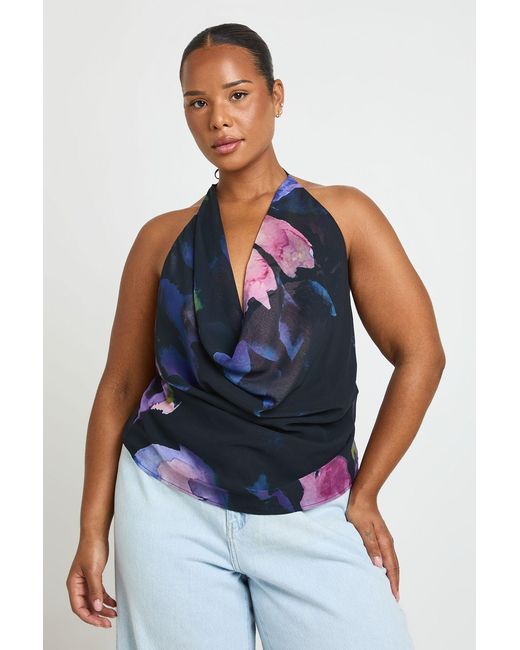 Boohoo Blue Plus Printed Cowl Neck Top