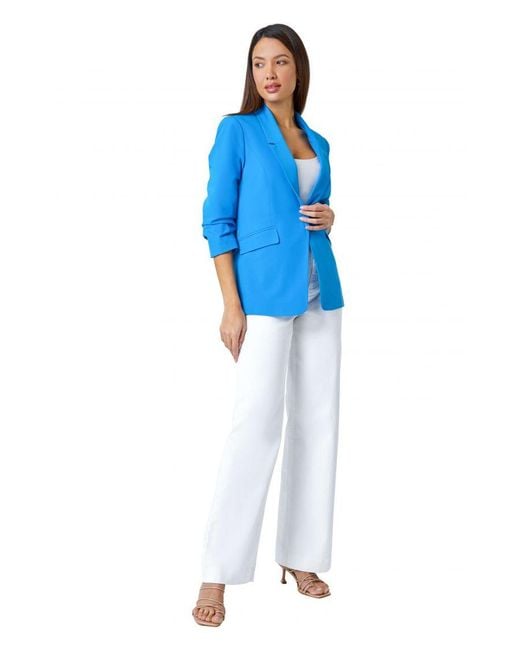 Roman Blue Ruched 3/4 Sleeve Stretch Blazer