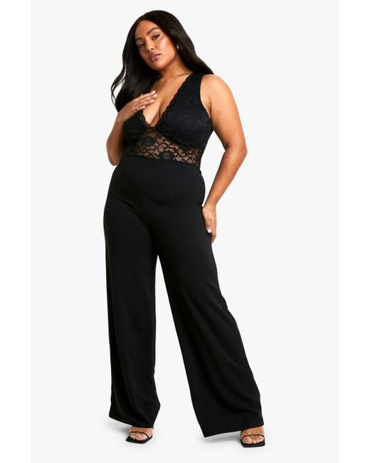 Boohoo Plus Plunge Lace Wide Leg Jumpsuit in Black Lyst UK