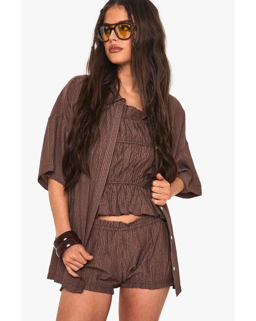 Boohoo Brown Textured Stripe Ruffle Shorts