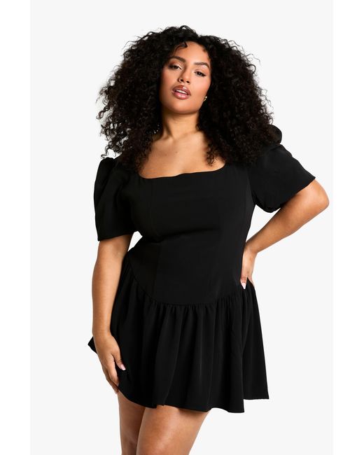 Boohoo Black Plus Square Neck Drop Hem Skater Skirt Dress