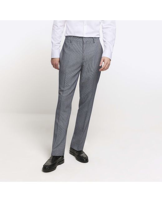 River Island Blue Suit Trousers Skinny Fit Dogtooth Cotton for men