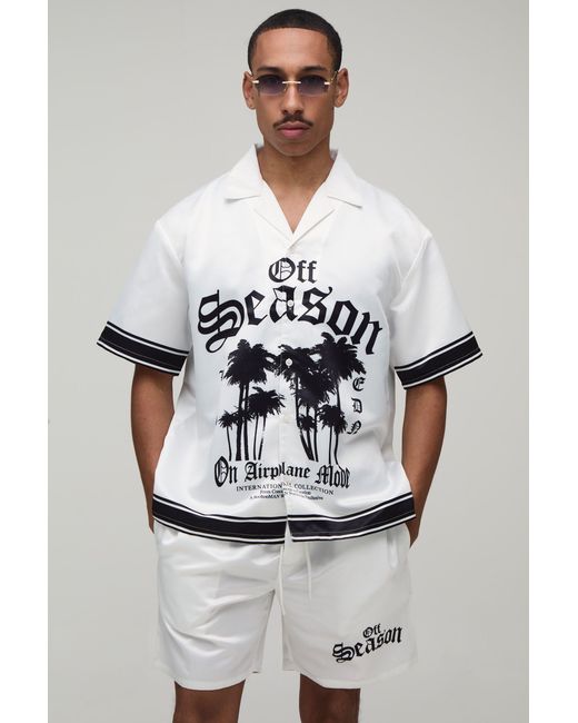 BoohooMAN Gray Oversized Half Sleeve Off Season Print Satin Shirt & Short Set for men
