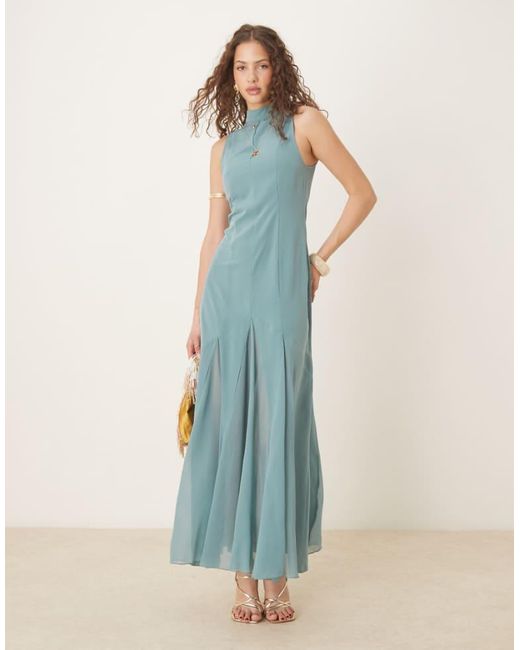 ASOS Blue High Neck Maxi Dress With Chiffon Godets