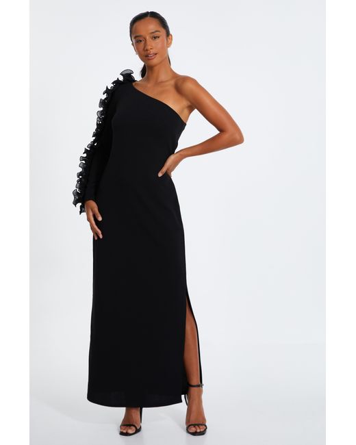 Quiz Black Petite Frill One Shoulder Maxi Dress