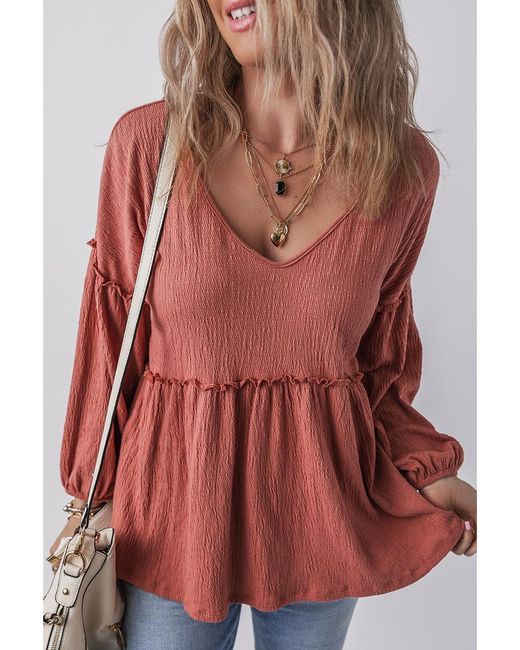 Azura Exchange Mineraal Rood Effen Kleur Textuur Gestreepte Rand V-hals Puffmouw Blouse in het Red