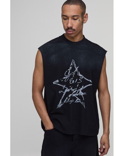BoohooMAN Blue Oversized Spray Wash Star Print Tank Cotton for men