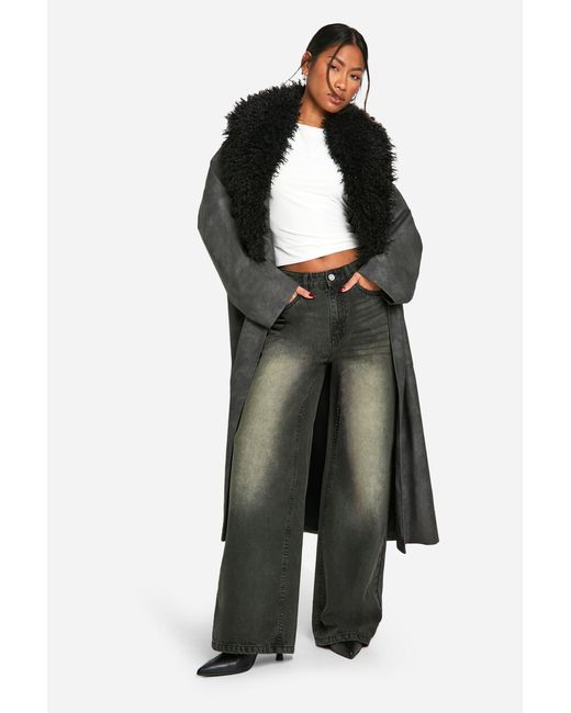 Boohoo Black Faux Fur Collar Vintage Look Leather Trench Coat