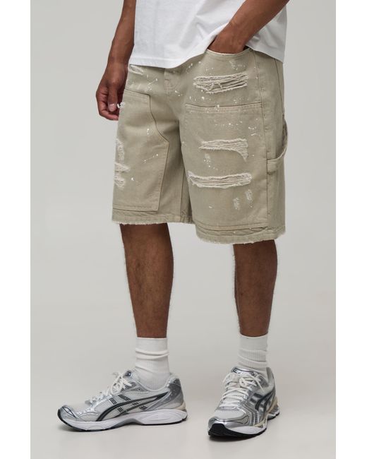 BoohooMAN Natural Ripped Carpenter Paint Splatter Relaxed Fit Denim Shorts for men