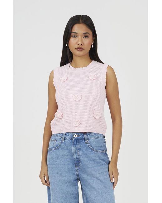 Brave Soul Blue Knitted Crew Neck Tank With Crochet Shells