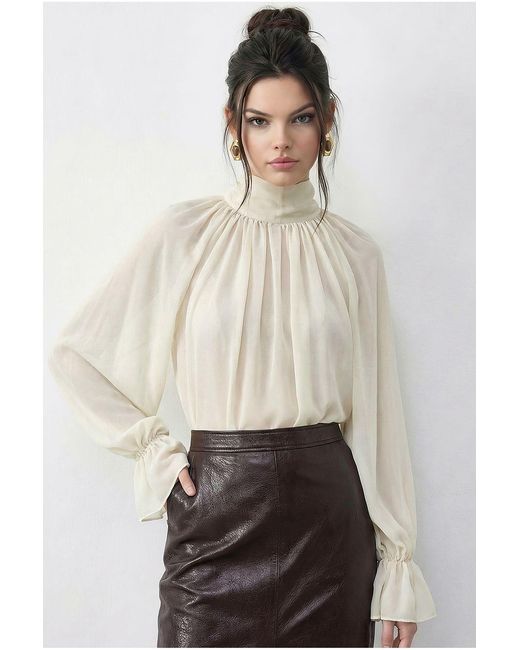 Bianco Lucci Natural Solid Chiffon Turtleneck Blouse