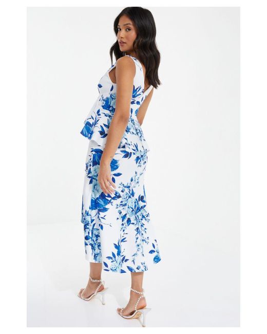 Quiz Blue Petite Floral Dip Hem Frill Midi Dress