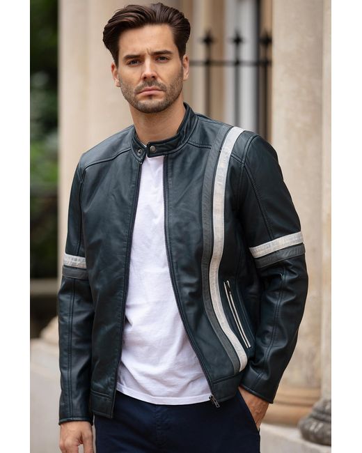 Ashwood Leather Blue Real Casual Jacket With Contrast Stripes for men