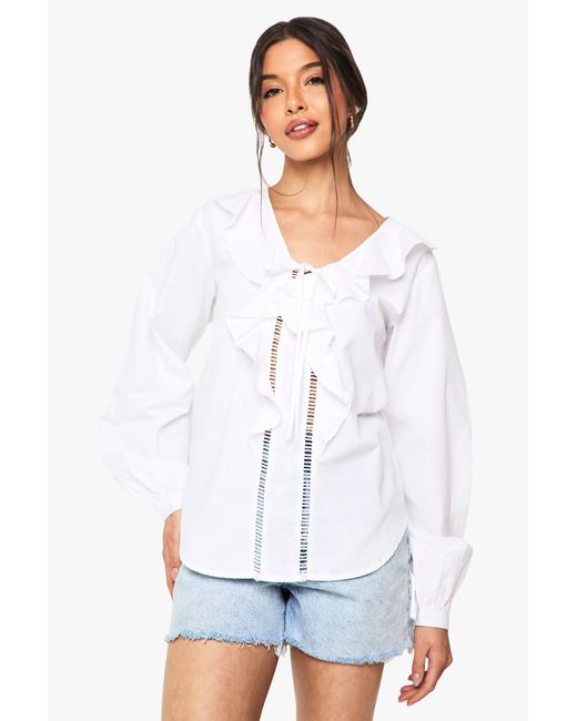 Boohoo White Ruffle Cutwork Trim Blouse