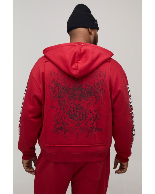 BoohooMAN Red Plus Oversized Boxy Zip Through Rhinestone Applique Gothic Print Hoodie for men