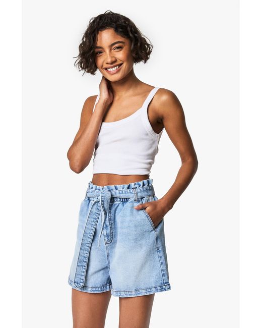 Boohoo Blue Tall Paper Bag Waist Denim Short