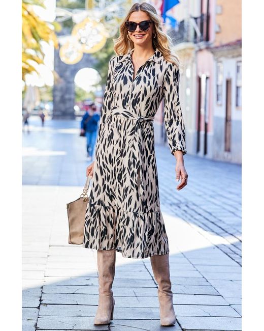 Sosandar Blue Print Ruffle Hem Midi Shirt Jersey Dress