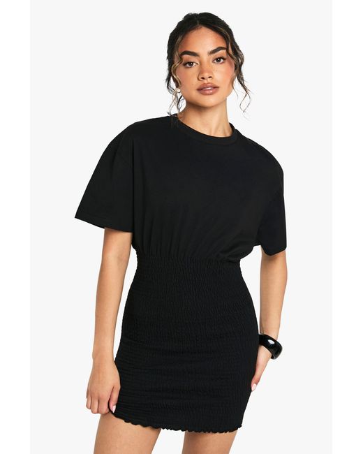 Boohoo Black Shirred T-Shirt Dress