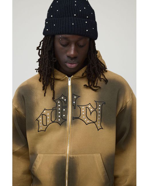 BoohooMAN Brown Oversized Boxy Gothic Embellished Dirty Wash Zip Through Hoodie for men