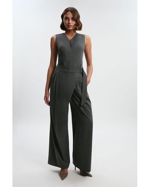 Karen Millen Gray Petite Polished Viscose Belted Tailored Wide Leg