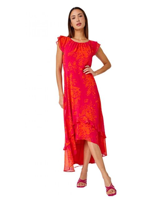 Roman Red Floral Frill Detail Chiffon Midi Dress
