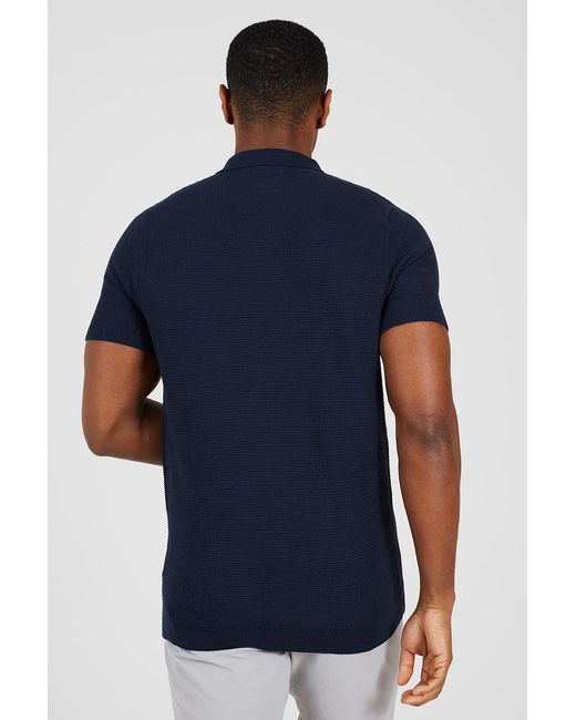 Brave Soul Blue Dark Cotton Waffle Knit Embroidered Polo Shirt for men