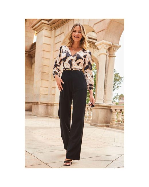 Sosandar Natural Chain Print Satin Two Part Wide Leg Jumpsuit