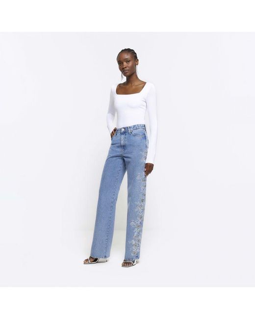 River Island Blue Straight Jeans Embroidered Relaxed Denim