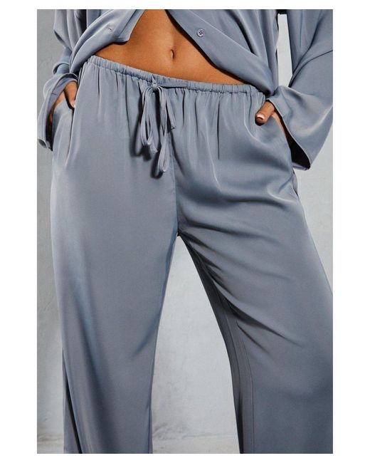 MissPap Blue Satin Mid Rise Drawstring Relaxed Trouser