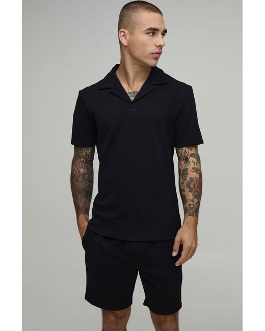 BoohooMAN Blue Short Sleeve Jersey Herringbone Slim Polo Shirt & Set for men