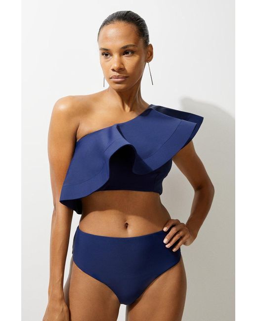 Karen Millen Blue Drama Ruffle One Shoulder Bikini Top