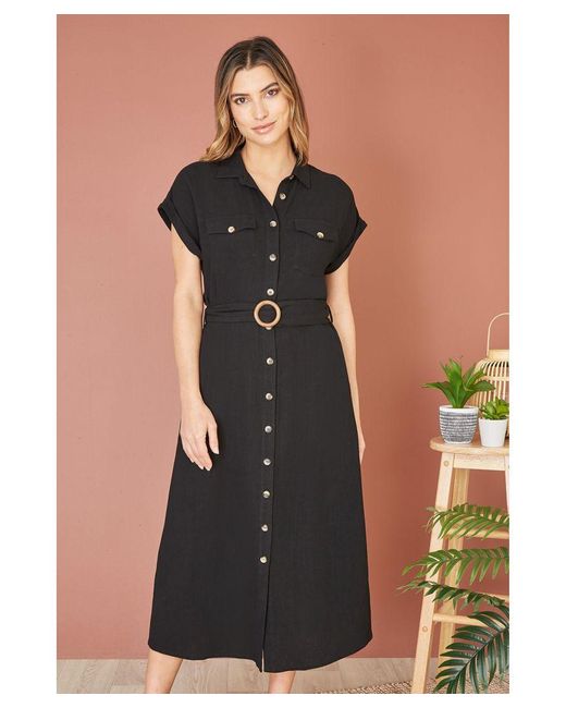 Yumi' Black Viscose Linen Look Midi Shirt Dress With Wooden Belt