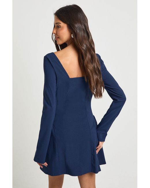 Boohoo Blue Bengaline Square Neck Gathered Waist Skater Dress