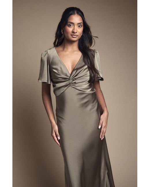 Oasis Brown Satin Twist Front Angel Sleeve Midi Bridesmaid Dress