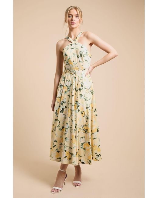 Oasis Natural Lemon Floral Halter Cotton Poplin Midi Dress