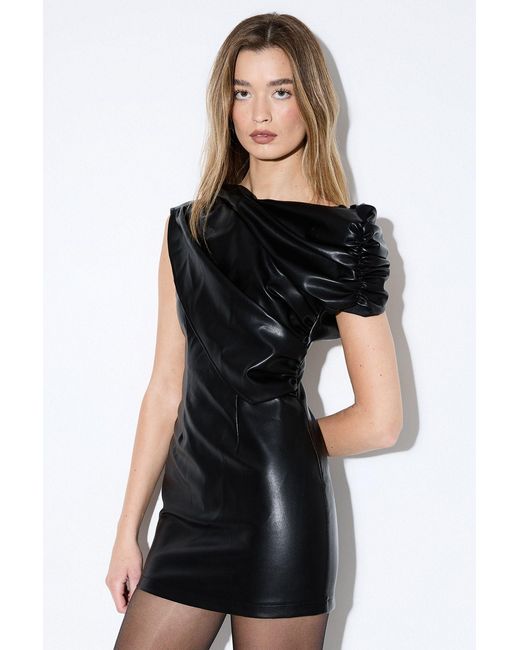 MissPap Black Ruched Detail Pu Mini Dress