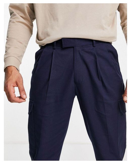 Topman Blue Tapered Cargo Trousers With Pleats for men