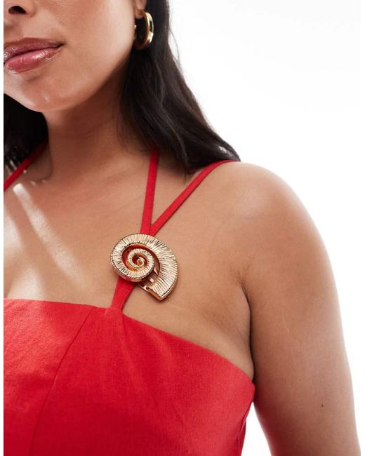 Renee Studio Red Plus Exclusive Linen Look Halterneck Seashell Hardware Detail Strappy Midi Dress