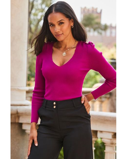 Sosandar Pink Fine Knit Jumper With Button Shoulders