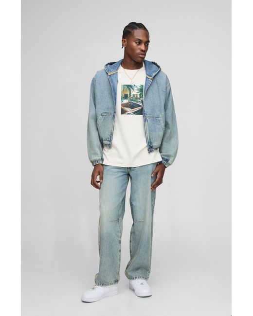 BoohooMAN Blue Relaxed Fit Washed Knee Dart Jeans for men